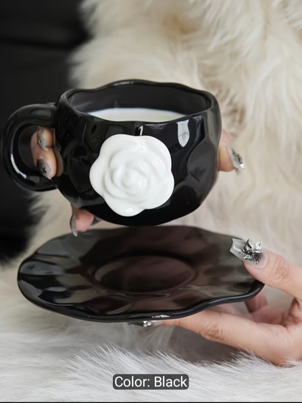 Elegant Black Ceramic Teacup & Saucer with White Rose Accent